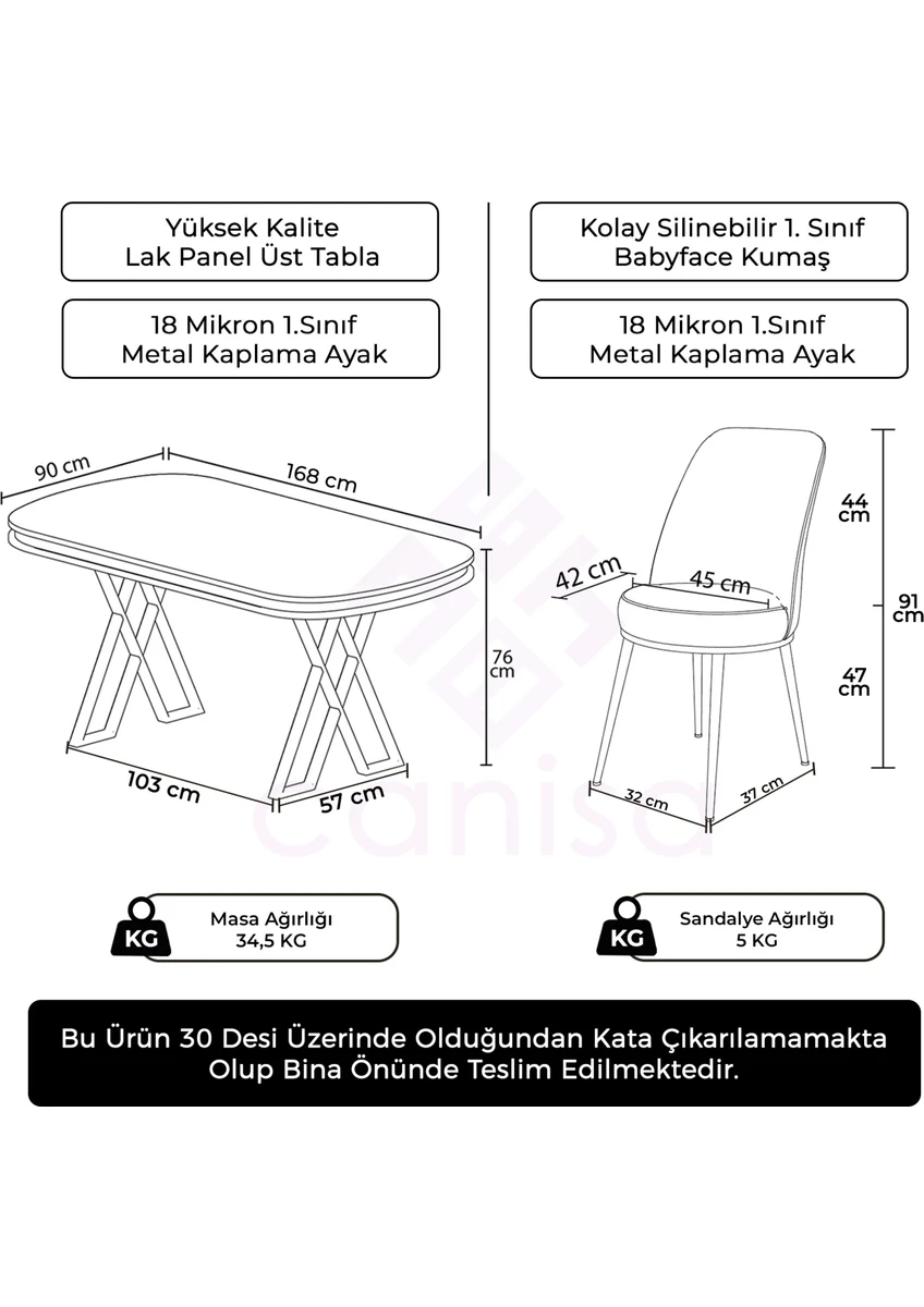 Lai Serisi 90X168 Lak Panel Beyaz Mermer Desen Krom Ayak Masa Takımı 6 Sandalye